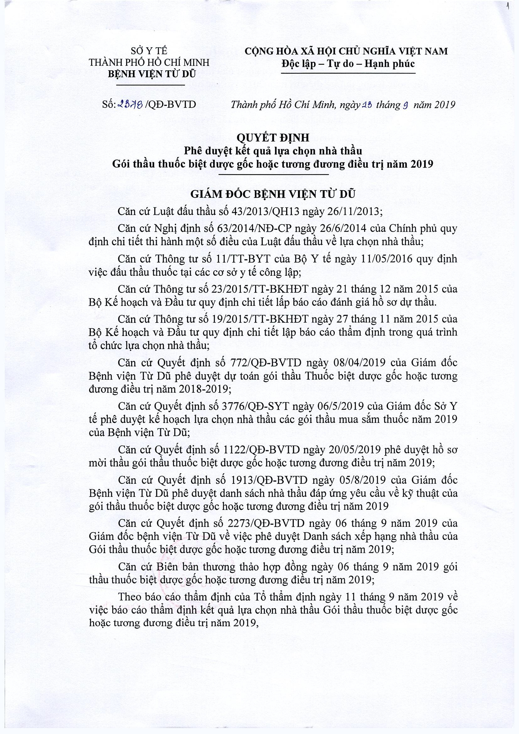 Quyết định phê duyệt kết quả lựa chọn nhà thầu - Bệnh viện Từ Dũ Quyết định phê duyệt kết quả lựa chọn nhà thầu - Bệnh viện Từ Dũ